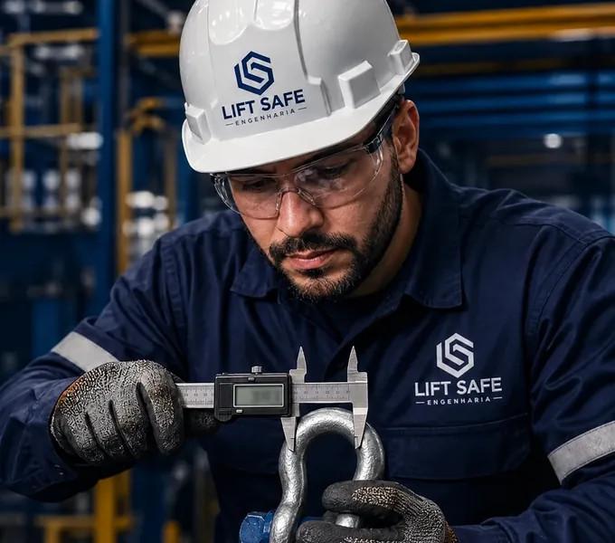 Inspetor da Lift Safe verificando acessórios de içamento em campo